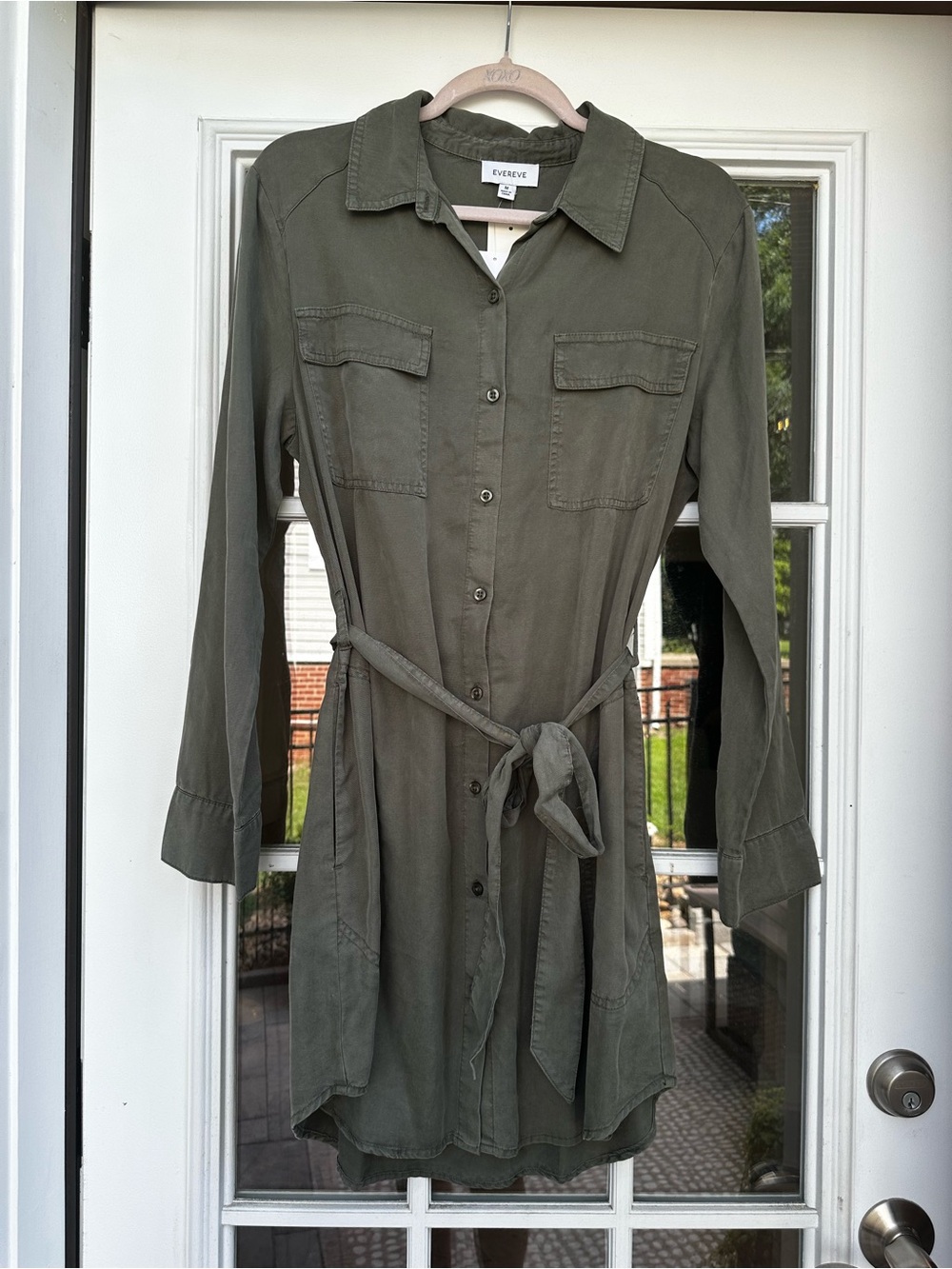 Evereve Olive Green Button-Up Shirt Dress with Waist Tie BNWT